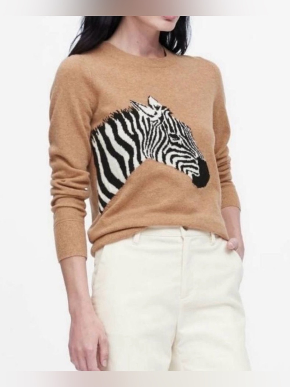 Banana Republic Sweater Italian Merino Wool Blend Zebra in Camel Brown small